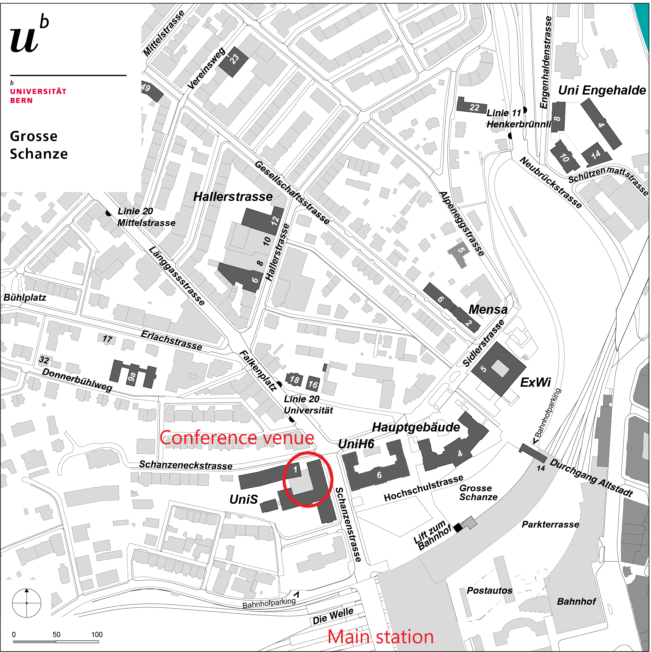 Map of conference venue at the UniS next to the main train station